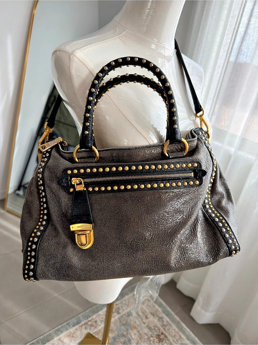 Prada Craquele Leather Studded Bauletto Satchel Brown/Gold/Silver hardware VGUC